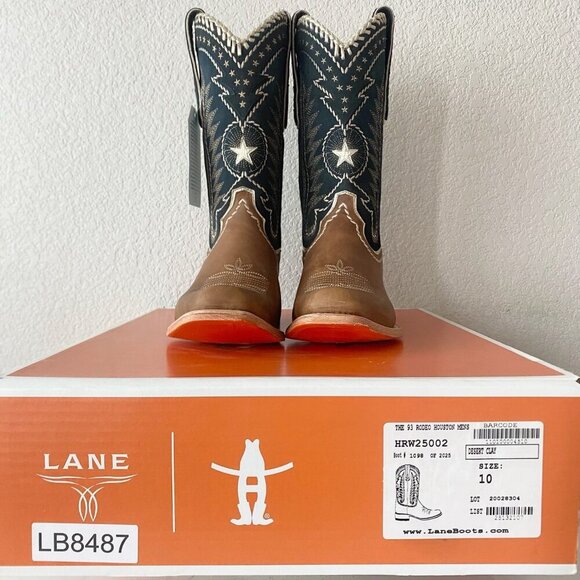 NEW Lane RODEO HOUSTON Mens Cowboy Boots 10 Brown Navy Leather Western Blunt Toe - Picture 10 of 11